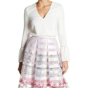 Ted Baker London Ivory V Neck Fluted Journey Long sleeve Blouse. Size 1(size 4)